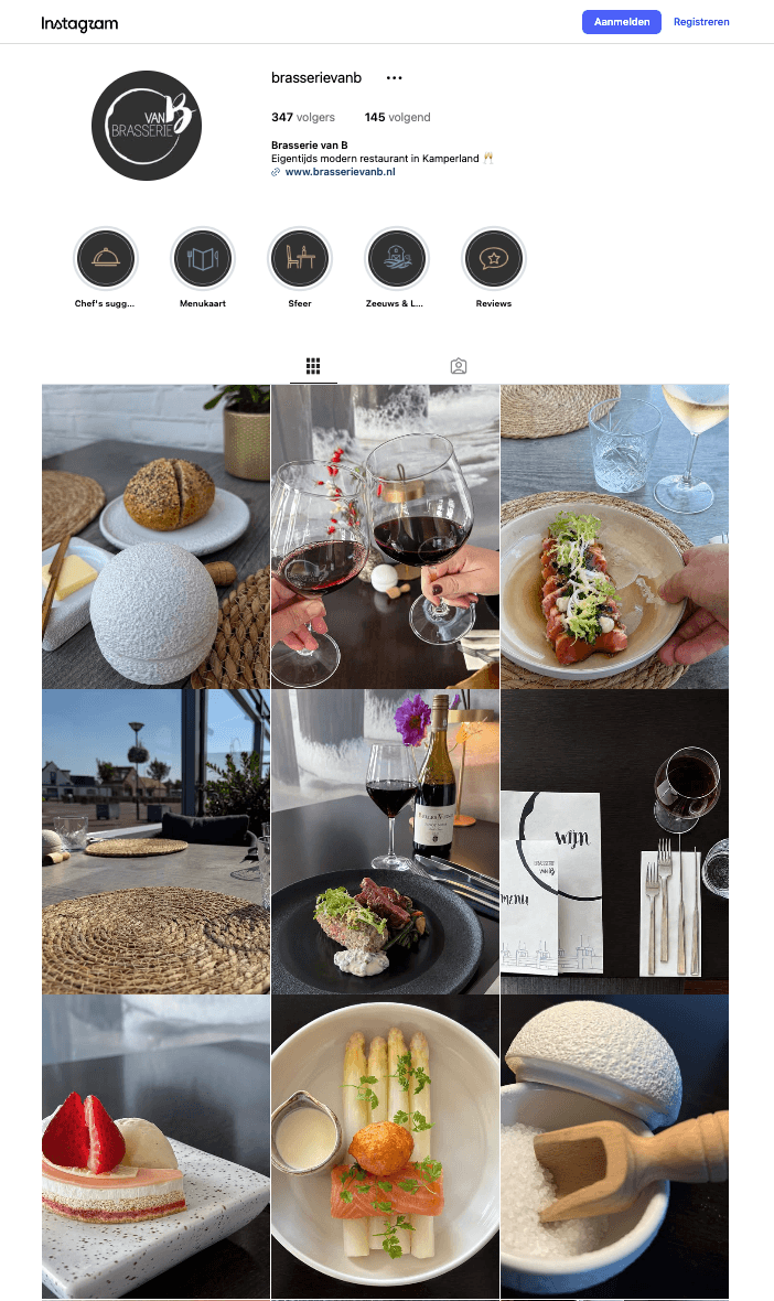 Het Instagram-profiel van Brasserie van B nu, met eigen beeld van de gerechten, de tafel en het terras in het raster.