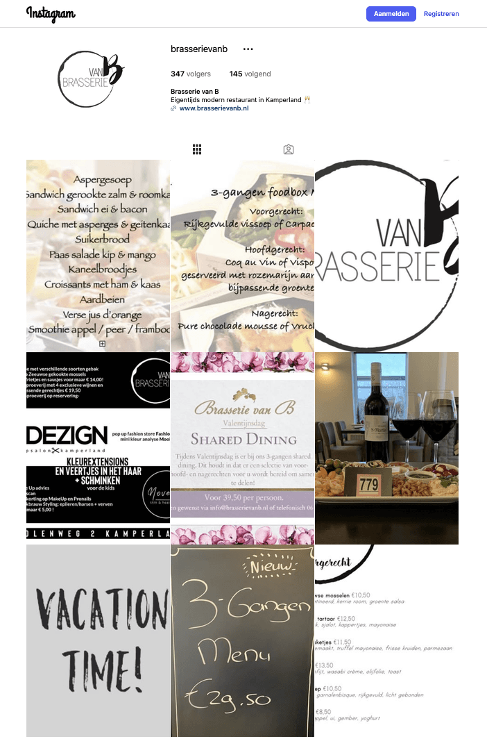 Het Instagram-profiel van Brasserie van B in januari 2026, met aankondigingen op zwarte vlakken en doorgestuurde flyers in het raster.