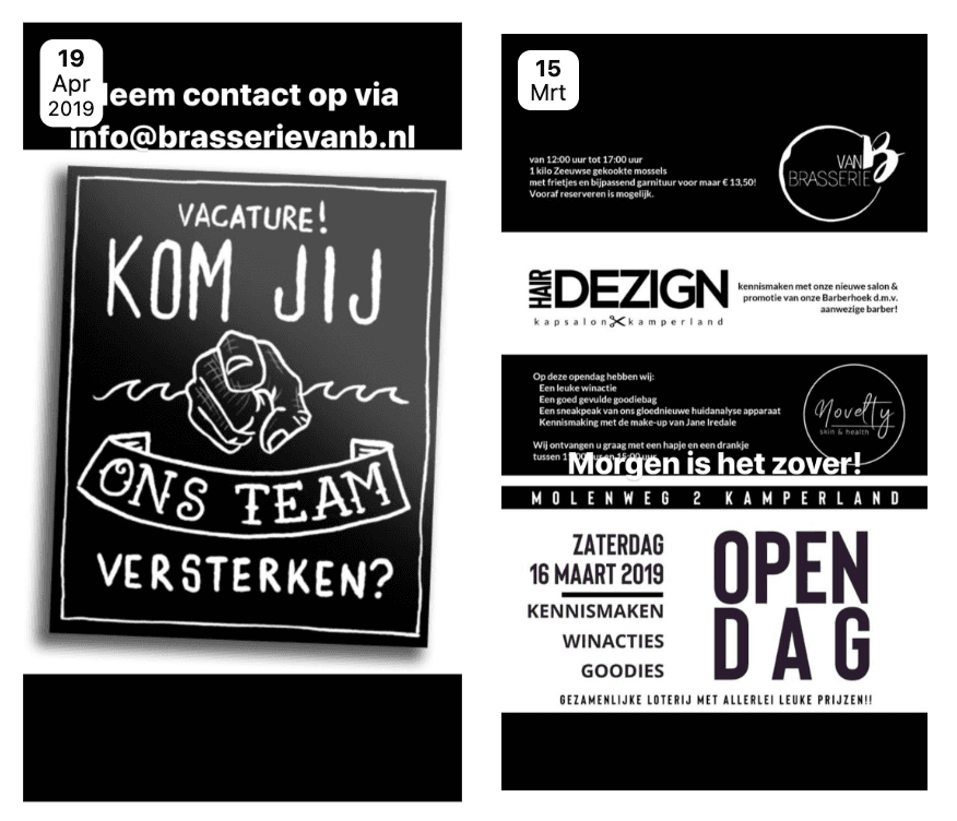 Twee Instagram-verhalen van Brasserie van B van voor de overname.